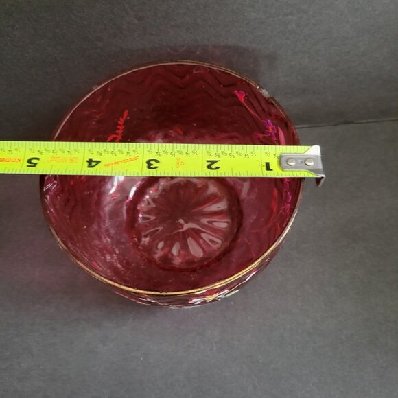 Vintage Hand-Painted Cranberry Glass Bowl Handpainted Floral Design &Chevron Pat - Picture 13 of 13